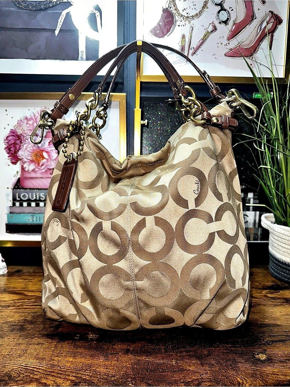 Coach Signature Op Art Sateen Brooke Hobo Bag.